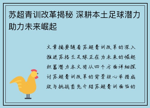 苏超青训改革揭秘 深耕本土足球潜力助力未来崛起 苏超青训改革揭秘 深耕本土足球潜力助力未来崛起
